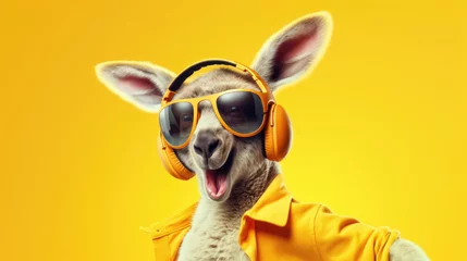 Fotobehang A groovy kangaroo in sunglasses and earphones,  bouncing with rhythm © basketman23