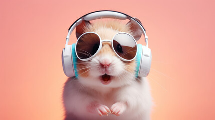 A sweet hamster in sunglasses and earphones,  bopping to the tune