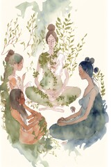 a group of women sitting and meditating dancing spirits above vines and plants watercolour art 