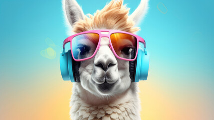 A snazzy llama in shades and headphones,  getting into the rhythm