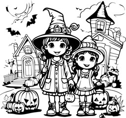 cute kids trick or treating coloring book pages