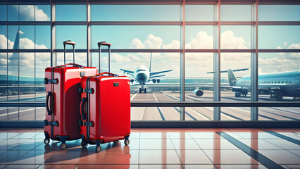 Two red suitcases in airport departure lounge, airplane in background, summer vacation, traveler suitcases in airport terminal waiting area, large windows. Travel concept. Generative AI - obrazy, fototapety, plakaty