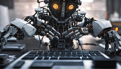 Fototapeta premium Robot hands over laptop keyboard. Generative AI