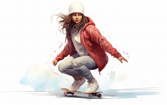 skater girl on the street on white background illustration