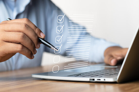 Digital Checklists for efficient business management, Businessman touching marking on checklist guide to paperless assessment and Future Success, Streamlining operations with online surveys.