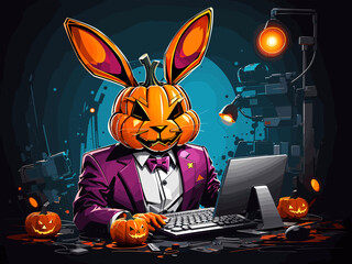 halloween pumpkin rabbit playing computer 