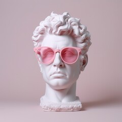 The head of a white mythological statue with fashionable pink glasses on his eyes, frame in profile.