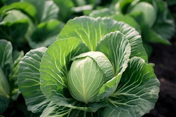 Cabbage growing in an urban garden. Cabbage leaves and head close up.