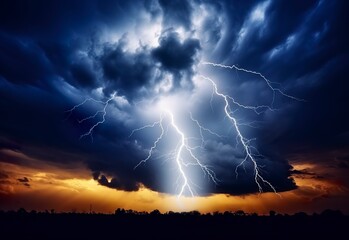 Lightning strikes on a cloudy dramatic stormy sky.