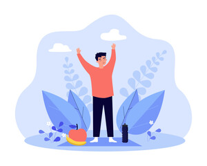 Man doing yoga exercises on mat with fruits vector illustration. Cartoon drawing of person meditating or training. Wellness, nutrition, health, healthy lifestyle concept