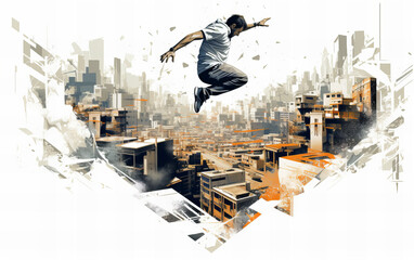 Parkour in the town white background - obrazy, fototapety, plakaty