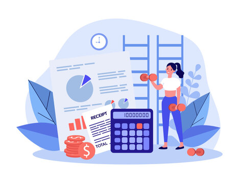 Young woman exercising at gym at high price vector illustration. Calculating price for fitness equipment in bills, expenses and receipts with calculator. Sport and budgeting, wellness concept