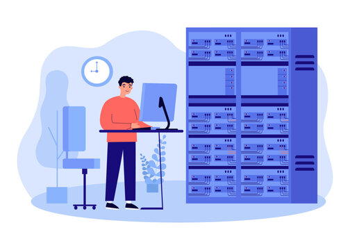 IT Worker At Data Center With Row Of Servers Vector Illustration. Cartoon Drawing Of Digital Data Management, Storage Of Files And Information. Database, Technology, Network Concept