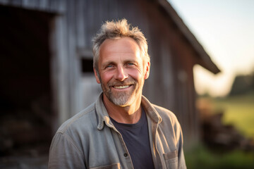 Mature male farmer is standing in front of a barn