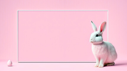 rabbit sitting on pink background with white picture frame, copy space for write text