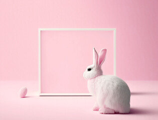white rabbit sitting on pink background with white picture frame, copy space for write text