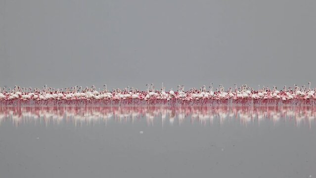 Flamingos (Phoenicopterus roseus) Flocks of birds Water, Nata Bird Sanctuary, Botswana, Africa
