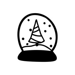 Vector Christmas crystal ball with Christmas tree and snowflakes in doodle style. Black and white image. Stock illustration.