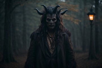 Dark halloween horror character with devilish monster costume in dark spooky forest
