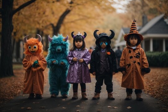 Cute Group Of Children In Halloween Monster Costumes