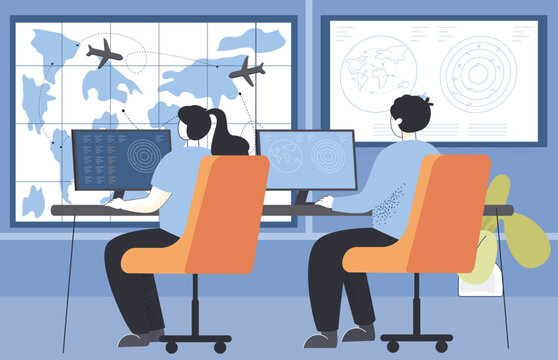 Workers in air traffic control tower vector illustration. Cartoon drawing of back view of man and woman at computers controlling plane flights. Transportation, aviation, management concept