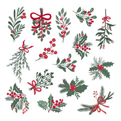 Vector set of Christmas trees, pine trees for greeting cards, invitations, banners, web. New Year and Christmas traditional symbolic tree with garlands, light bulb, star. The winter vacation. Icon col