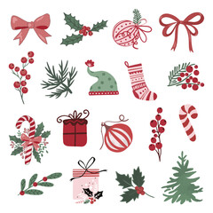 Vector set of Christmas toys. Fires, spruce trees, pine trees, New Year's candles, balls, garlands, wreaths, bells. Ideal for banners, cards,