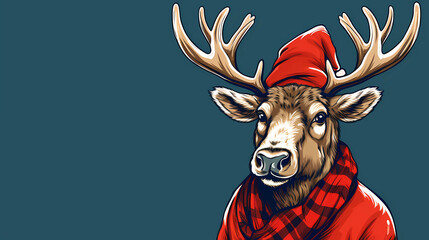 Hand drawn cartoon illustration of an elk wearing a Santa hat
