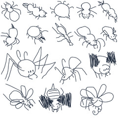 A set of cartoon insects with wings, stingers, cute faces and plump bodies.