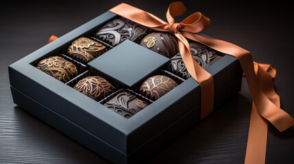 Luxurious packaging chocolate boxes with satin ribbon on a dark background. Assortment assorted chocolates confectionery concept festive dessert for valentines, wedding, anniversary. Generative AI