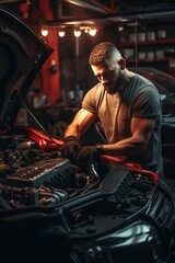 Obraz premium Mechanic repairs car, AI generated Image