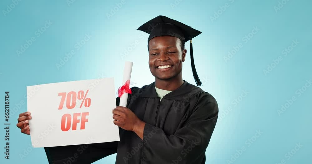 Canvas Prints Graduation, sales sign or happy black man with university advertising, scholarship discount or college study opportunity. Studio portrait, 70 percent or student poster presentation on blue background