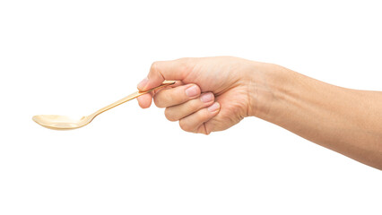 isolated of a man's hand holding a golden steel spoon.