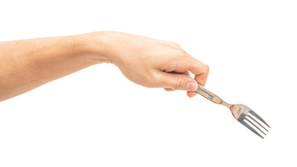 isolated of a man's hand holding a silver steel fork.