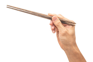 isolated of a man's hand holding a wood chopstick.