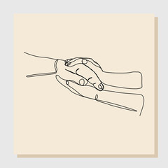 Continuous single one line of hands offering help salvation. Vector illustration