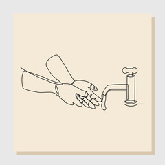 Continuous single one line drawing of washing hand with water faucet. Vector illustration