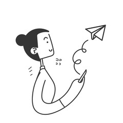 hand drawn doodle mobile phone send flying paper plane illustration