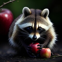 Obraz premium red squirrel eating apple,raccoon, animal, mammal, wildlife, ferret, wild, nature, fur