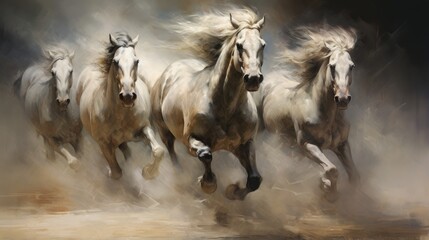 An illustration of a herd of white horses galloping freely across an open field. - obrazy, fototapety, plakaty