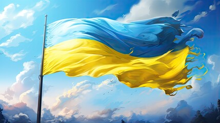 An illustration of the Ukrainian flag flying proudly against a clear blue sky.