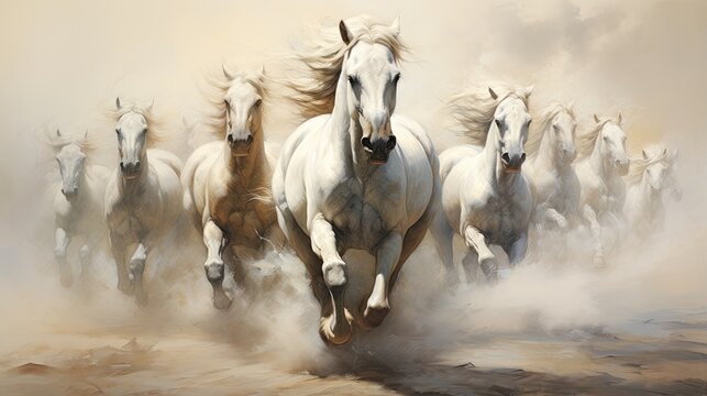 An illustration of a herd of white horses galloping freely across an open field.