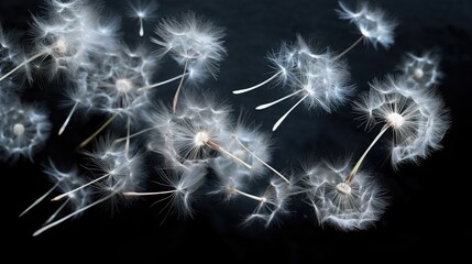 Close-up of white dandelion seeds in the air.