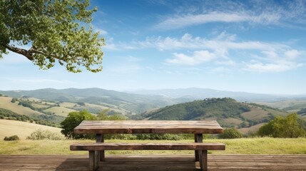 Fototapeta premium Countryside landscape with an aged, weathered wooden table.
