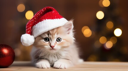 Fototapeta na wymiar Picture of a kitten with a tiny Santa hat on his head.