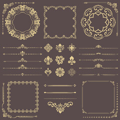 Vintage set of horizontal, square and round elements. Different elements for backgrounds, frames and monograms. Classic patterns. Set of vintage golden patterns