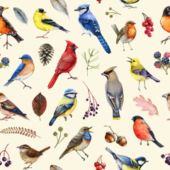 Obraz premium Backyard garden birds seamless pattern. Watercolor illustration. Hand painted red cardinal, bluebird, waxwing, robin with leaves, berries, natural elements seamless pattern. Light background