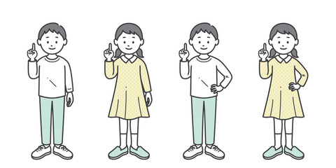 指差しをする少年少女 片手