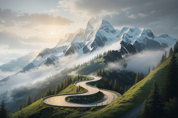 A winding road leading up a mountain, each turn representing a step towards success.  - obrazy, fototapety, plakaty