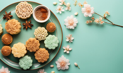 Moon cake, Mid-Autumn Festival concept, Top view of Dessert on pastel background, flat lay copy space.